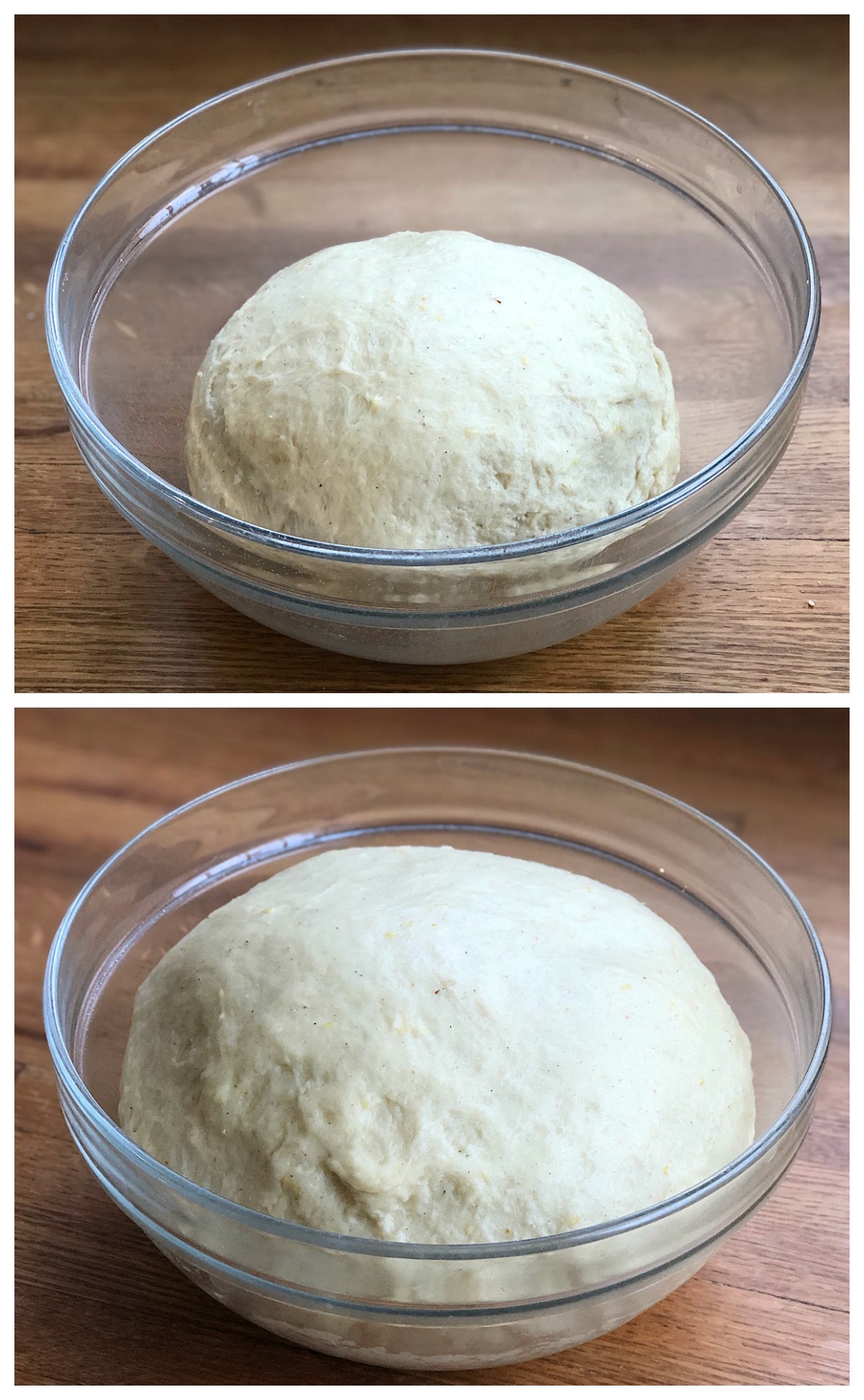 Two pictures: Stollen dough ready to rise in a bowl; stollen dough fully risen.