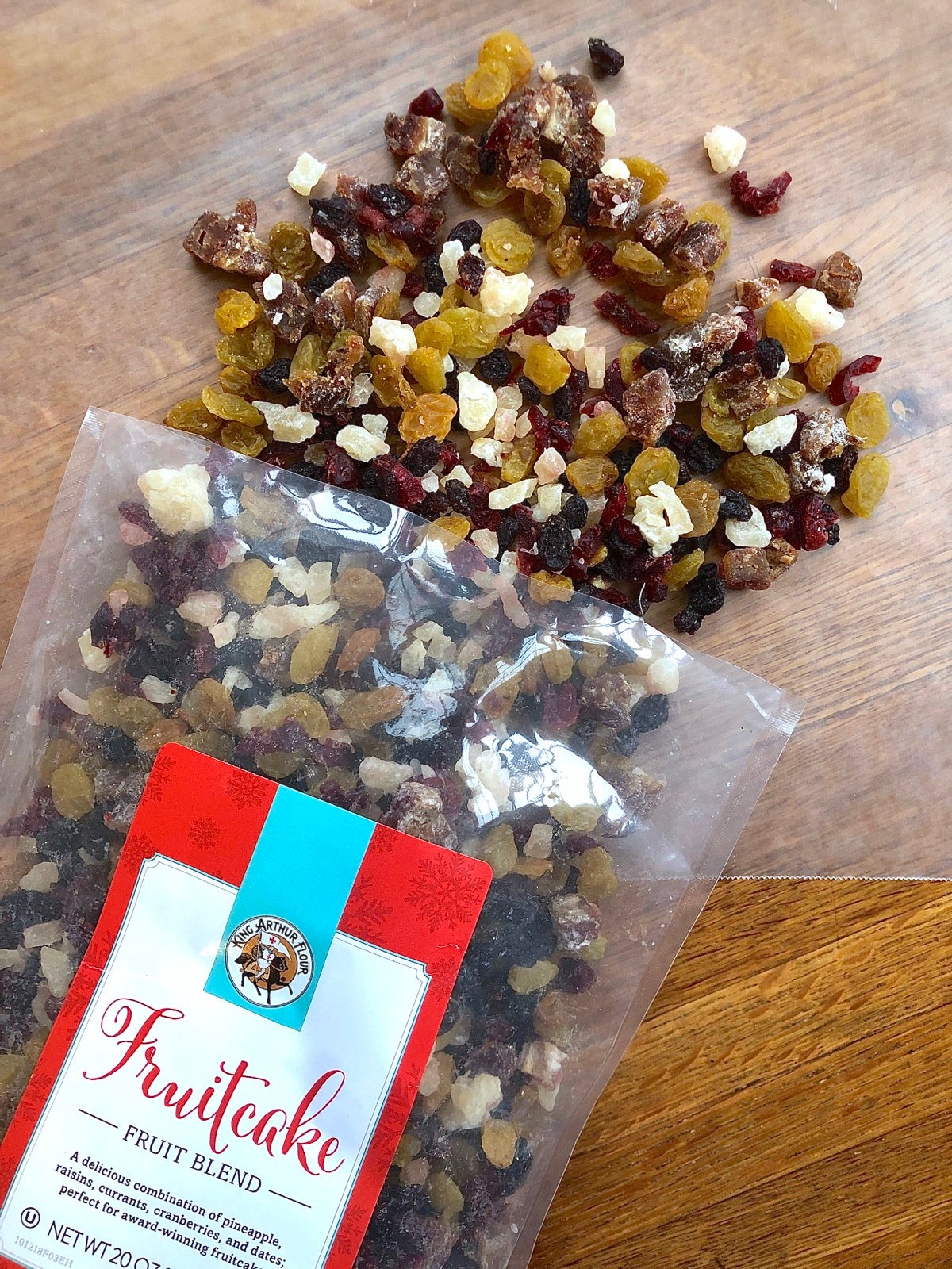 An open bag of King Arthur's Fruitcake Fruit Blend.