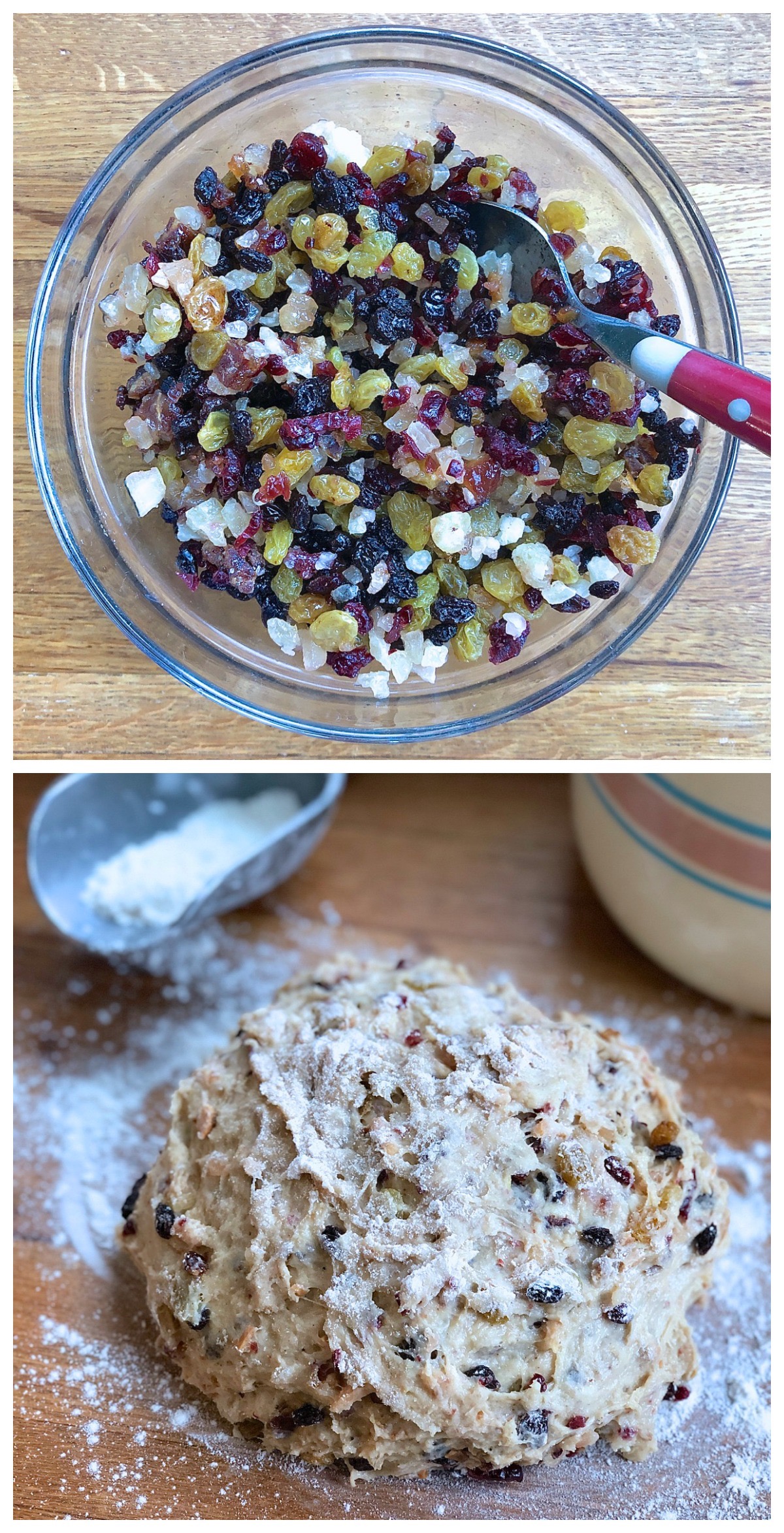 Two pictures: soaked dried fruit, ready to knead into stollen dough; stollen dough with fruit and nuts kneaded in.