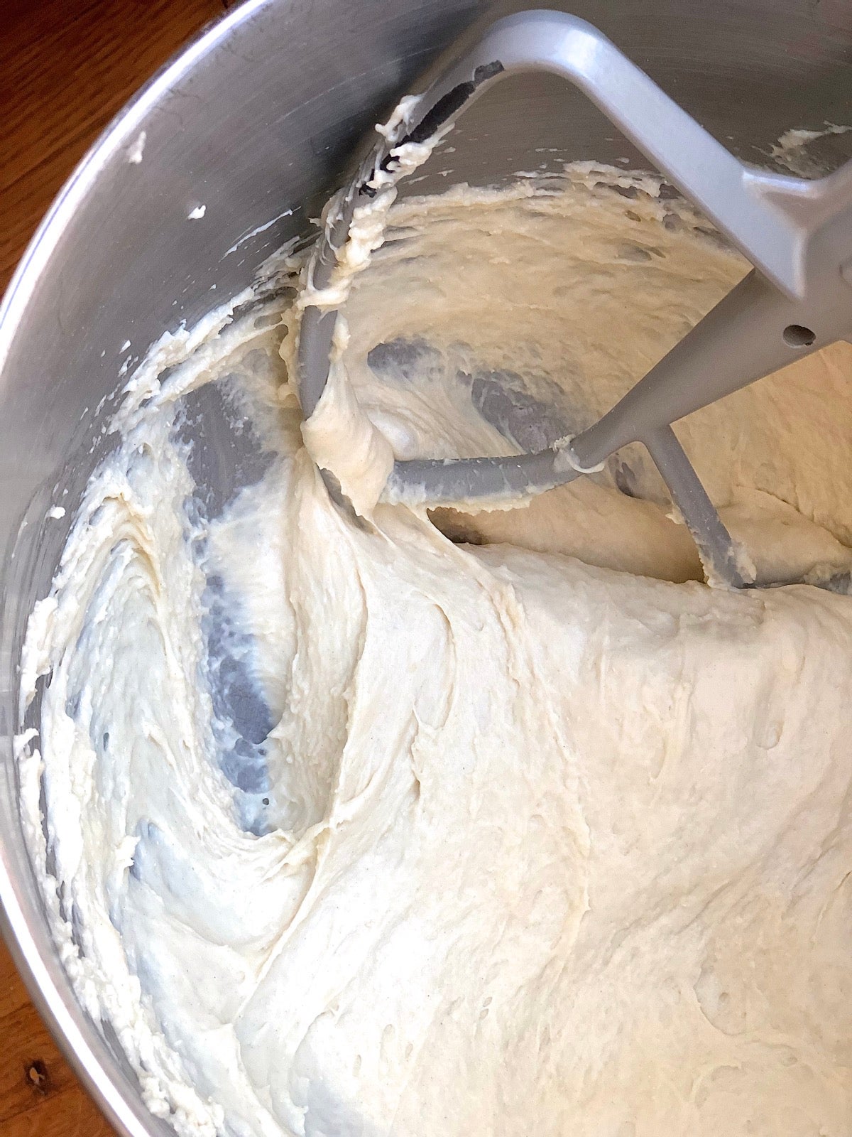 Very slack dough for English Muffin Toasting Bread mixed in a bowl.