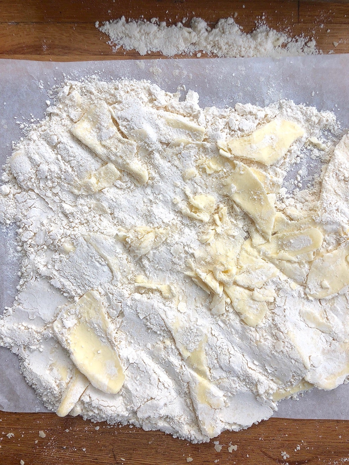 Flour and butter rolled on a piece of parchment and overflowing onto the counter 