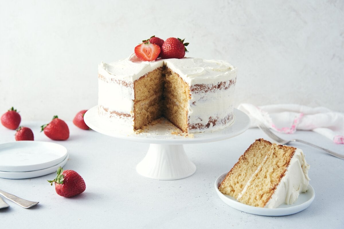 Yellow cake made with baking sugar alternative, frosted with sugar-free Swiss buttercream