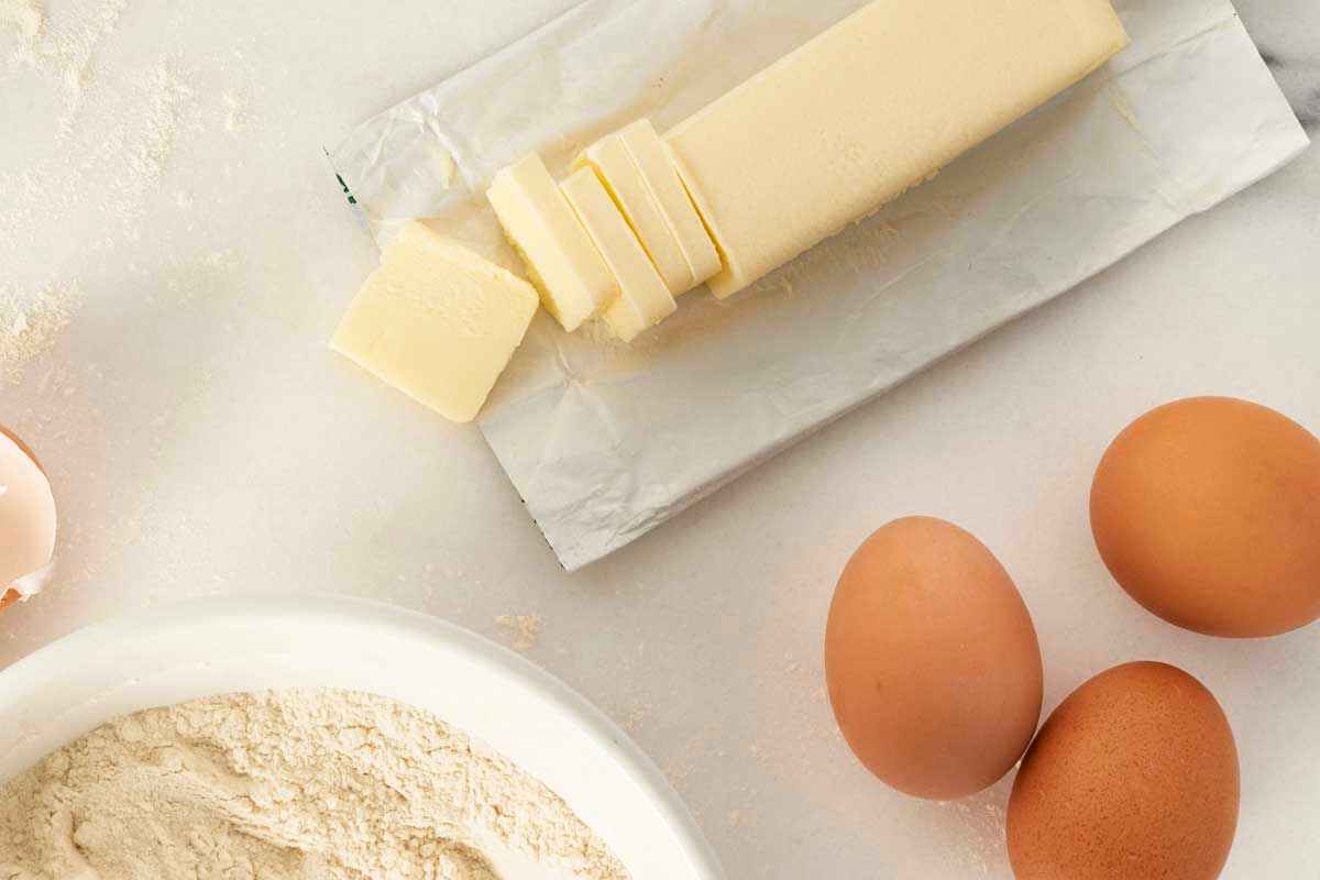 Butter and eggs on counter