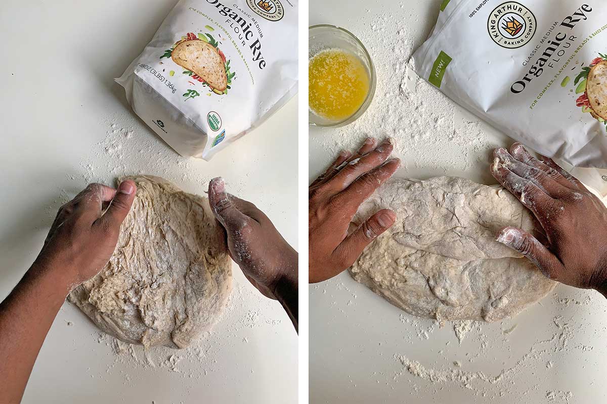 Hands shaping the focaccia dough