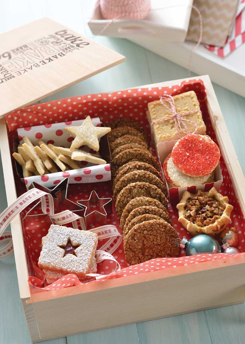 Box of different holiday cookies