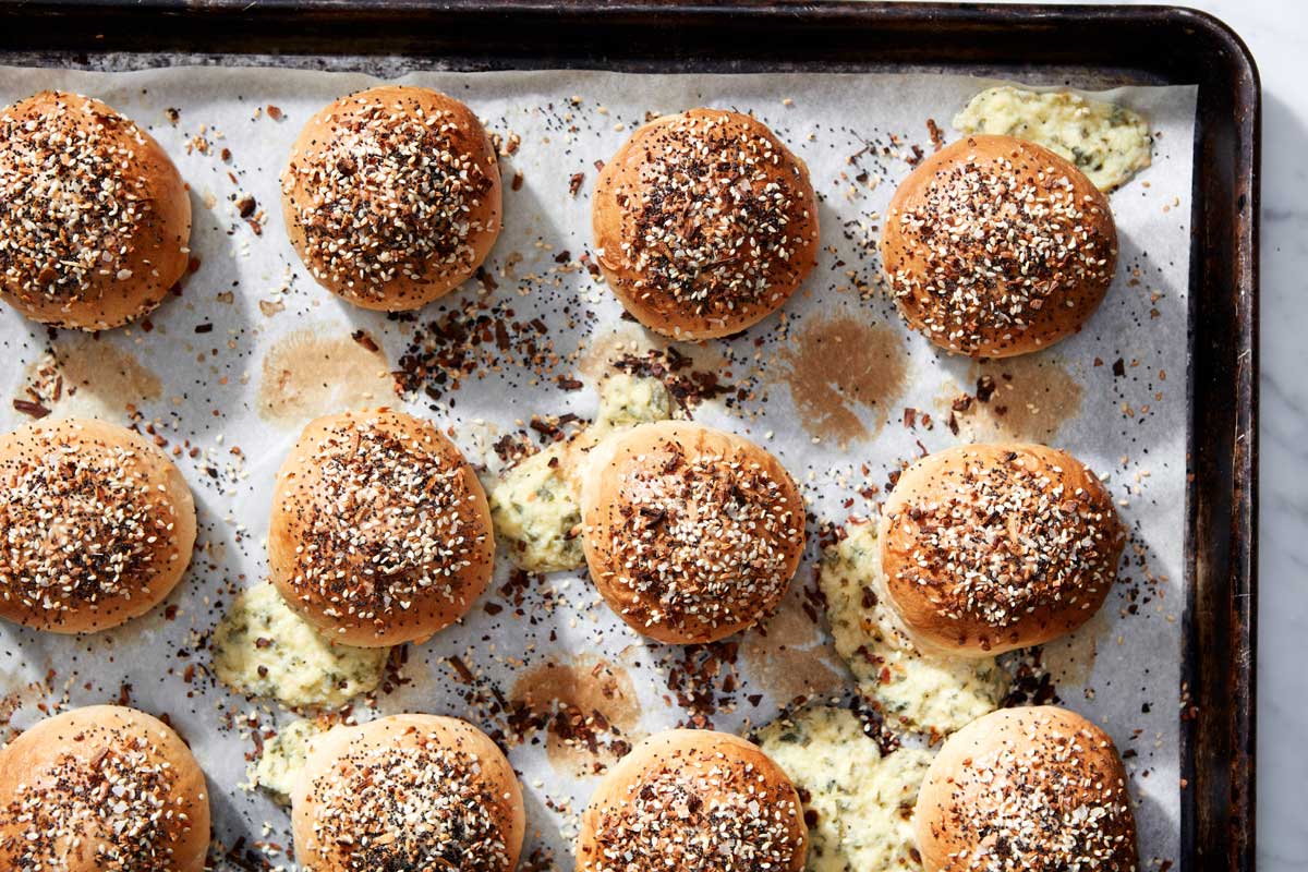 Pan of baked bagel buns