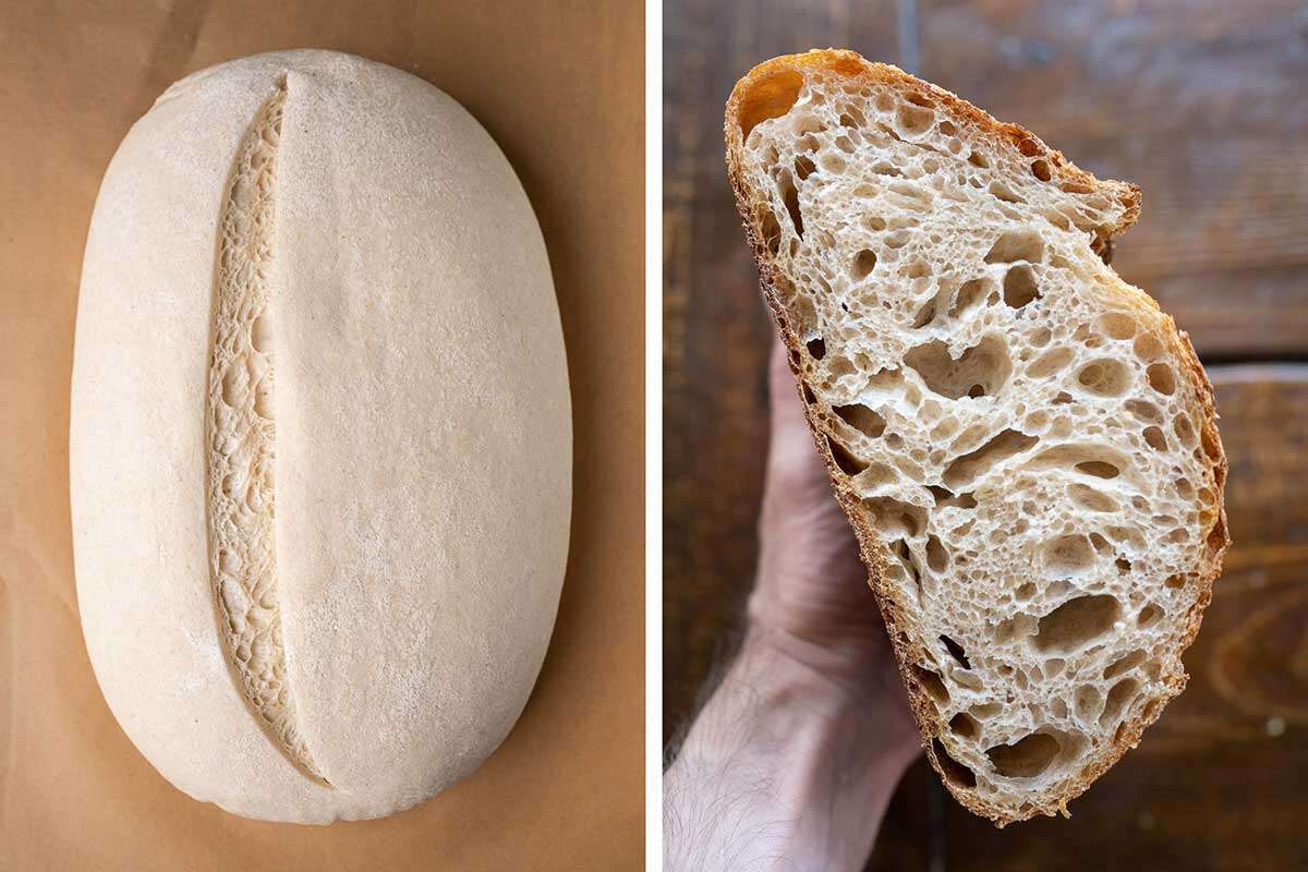 Collage with scored unbaked loaf and baked loaf cut to show crumb