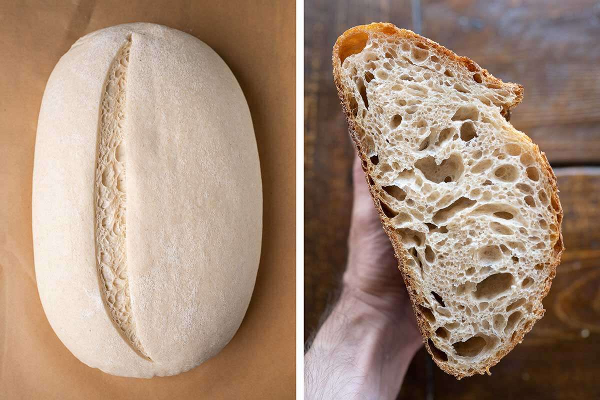 Collage of unbaked bread marked and baked bread cut to show the crumb
