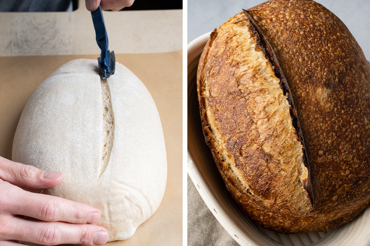 Scoring bread dough at a shallow angle