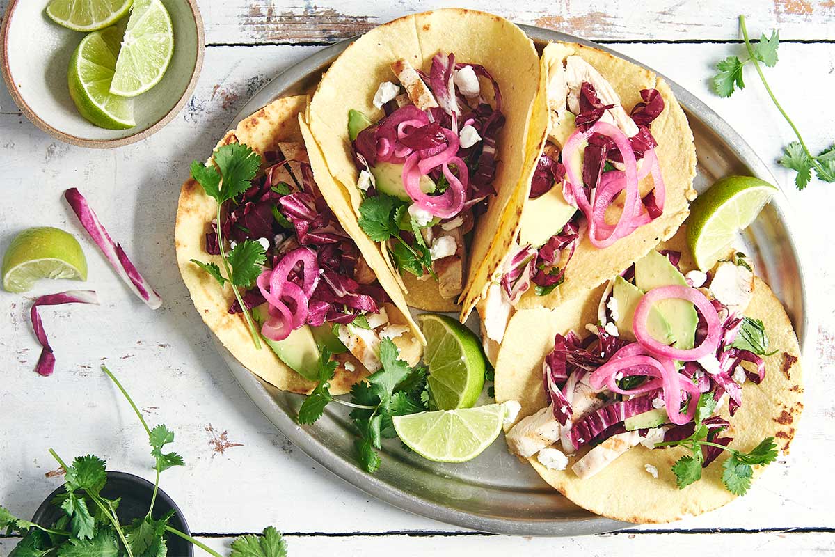 Homemade low-carb tortillas filled with cabbage, cilantro, and other fillings