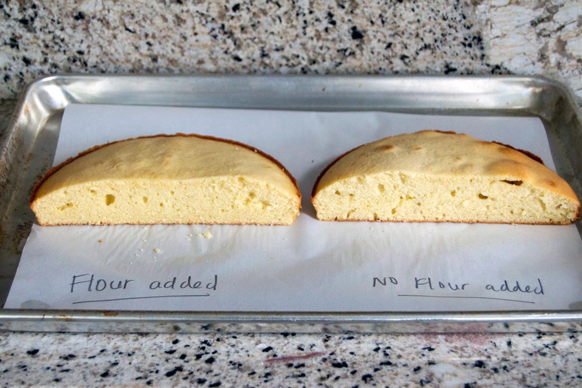 Cake made with flour trick (with slightly more even crumb) next to cake made without flour trick 