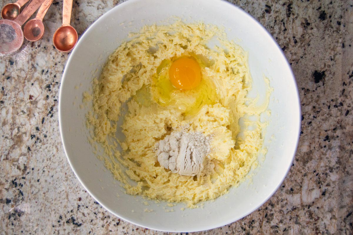 Creamed butter and sugar with egg and small amount of flour added