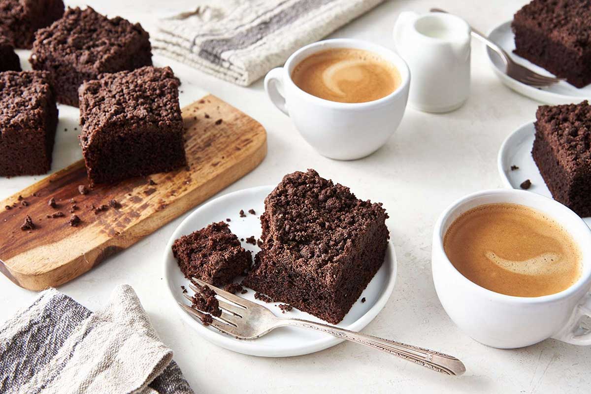 Chocolate rye coffeecake, cut into slices and plated 