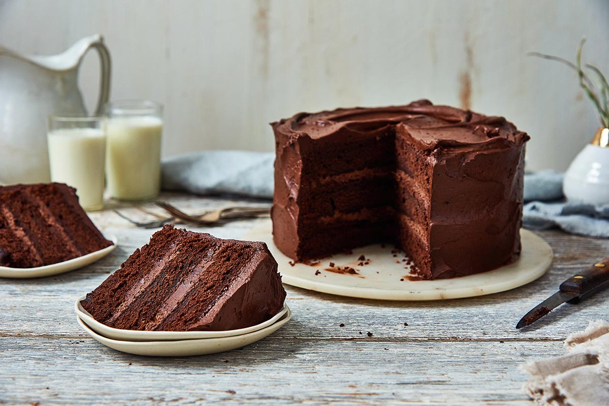 Self-Rising Chocolate Layer Cake with a slice removed