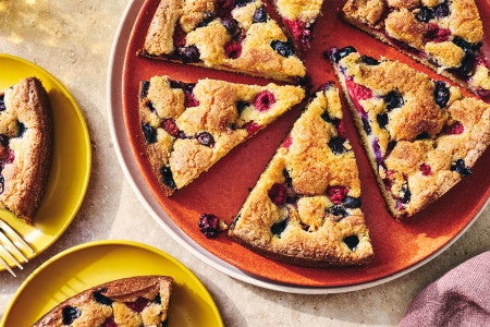 A full sliced-up Late Summer Berry Torte