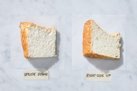 Two slices of angel food cake next to each other, one more sunken than the other