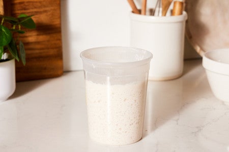 Sourdough starter in quart container on the counter