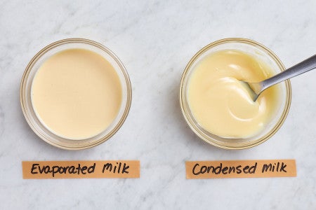 Bowl of evaporated milk next to a bowl of condensed milk 