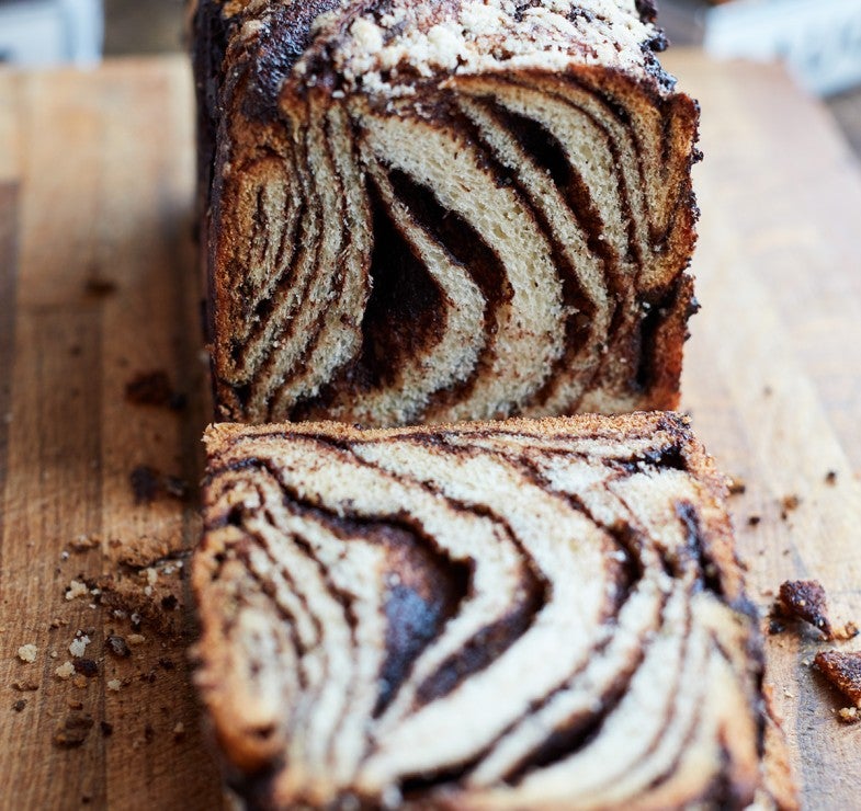 Sliced babka showing zebra stripes