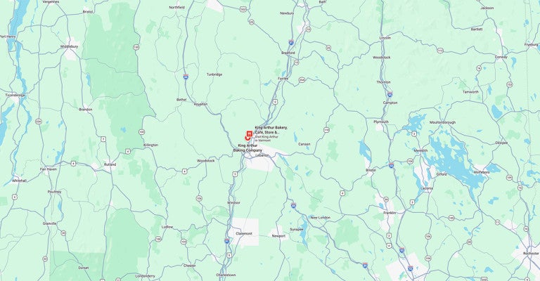 Map with a Pin for King Arthur Baking at 135 US-5, Norwich, VT 05055