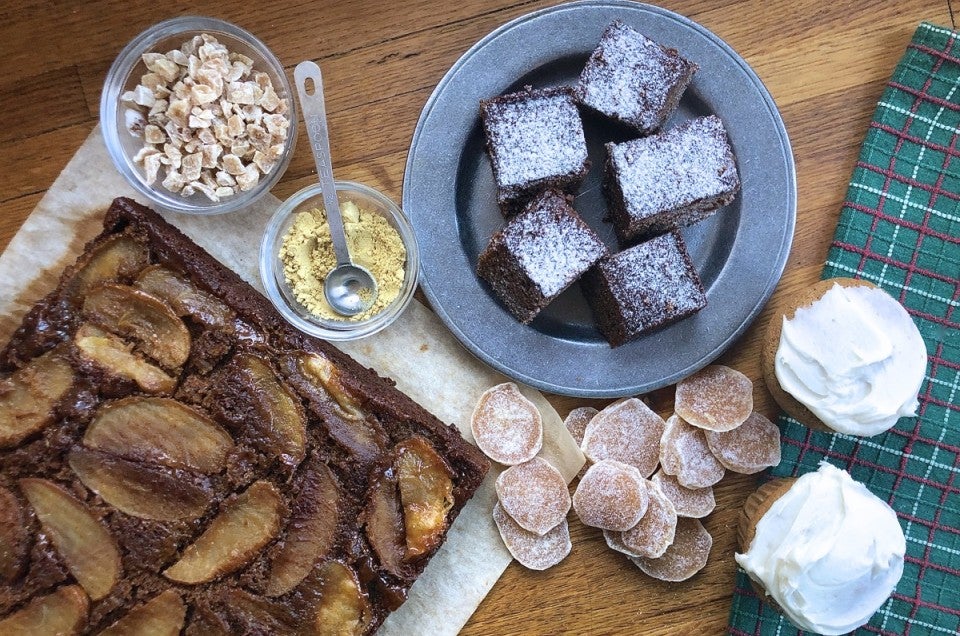 Gingerbread cake plain, made into apple upside-down cake, and gingerbread cupcakes.