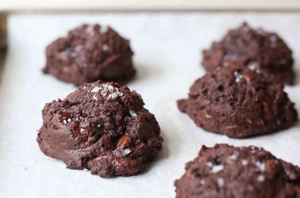 Chocolate cookies on a baking sheet