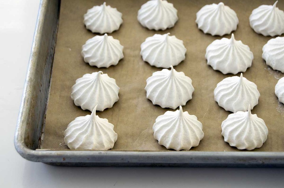Aquafaba meringues on a baking sheet