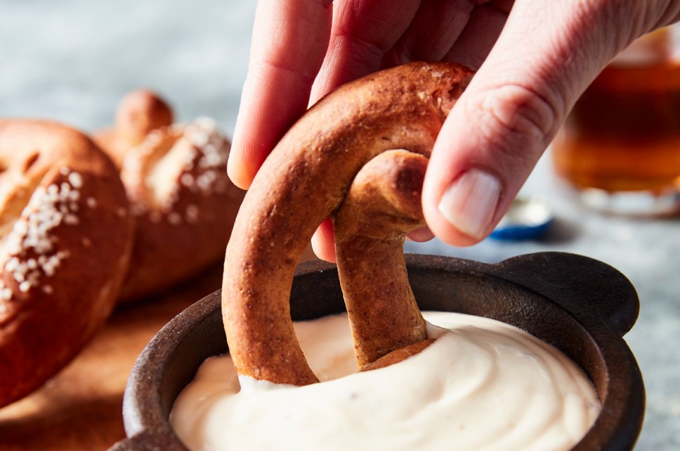 Rye Pretzels with Cheesy Beer Sauce - select to zoom