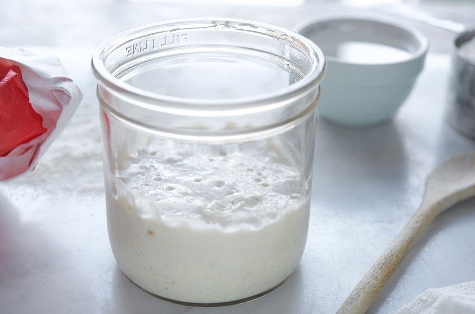 Sourdough culture in a clear glass jar.