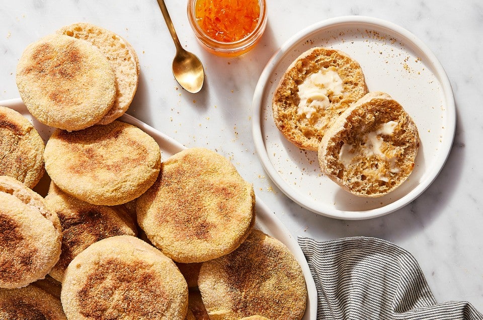 English muffins, toasted and split with butter and jam