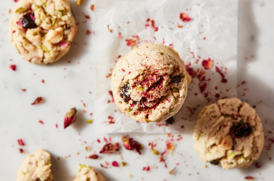 Rose-Pistachio Cookies with Cherries and White Chocolate - select to zoom