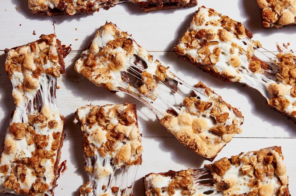 S'more granola bars pulled apart to show melted marshmallow