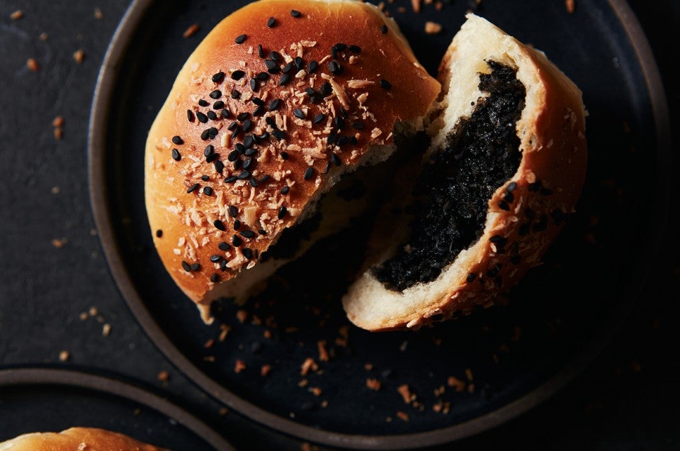 Black Sesame and Coconut Bun broken open - select to zoom