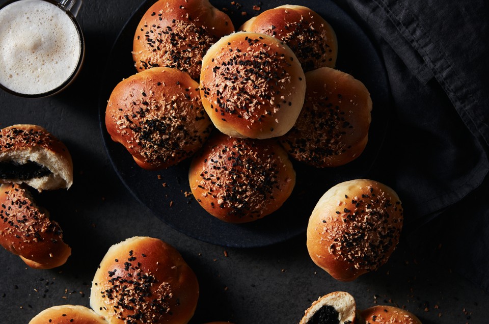 Black Sesame and Coconut Buns in a pile - select to zoom
