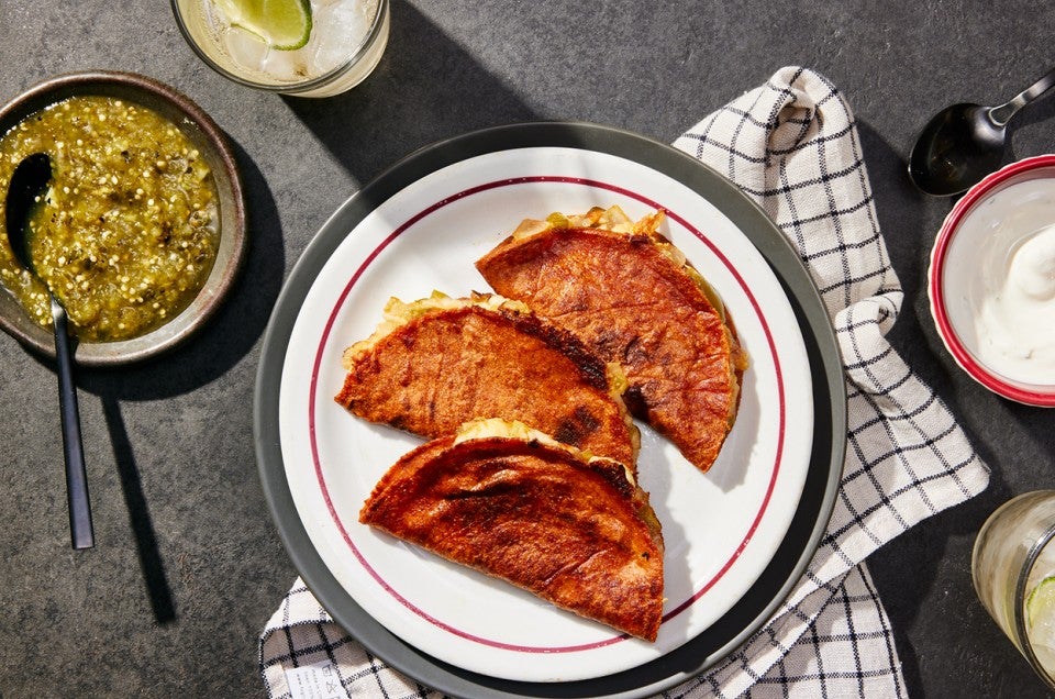 Tacos Rojos (Red Tacos) with Queso Fresco and Salsa Verde - select to zoom