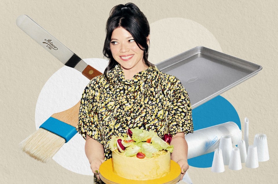 Collage of Natasha against a tan background with various cake tools