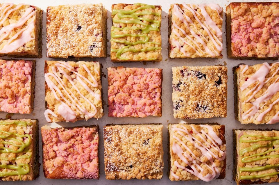 A matrix of different kinds of coffee cake including blueberry coffee cake, strawberry coffee cake, and raspberry cream cheese coffee cake