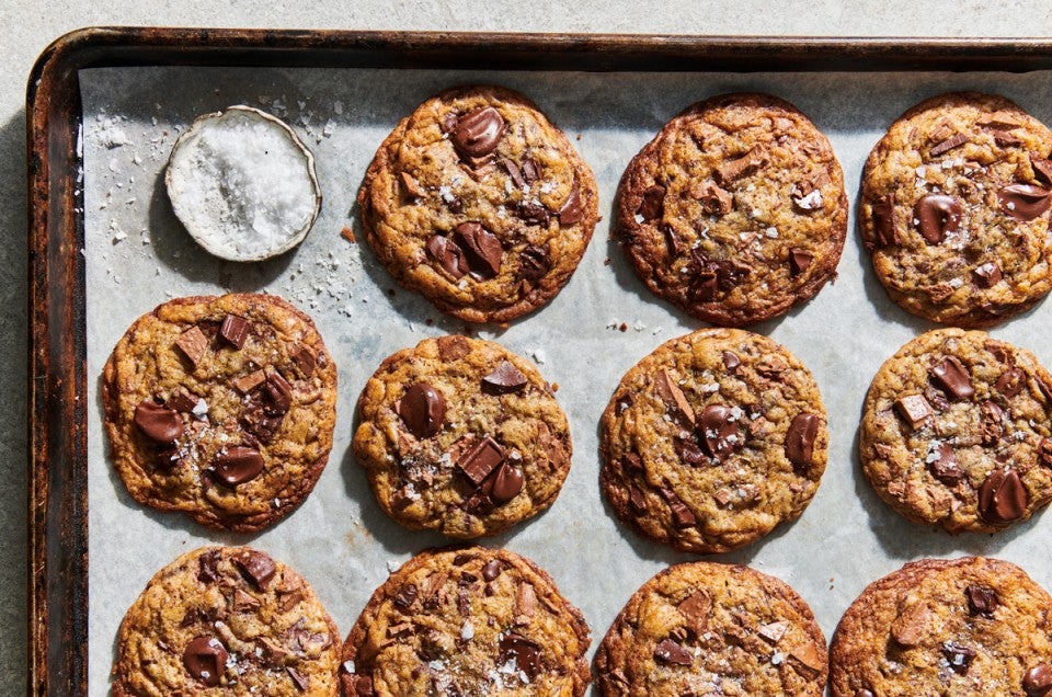 Chocolate chip cookies on a baking sheet