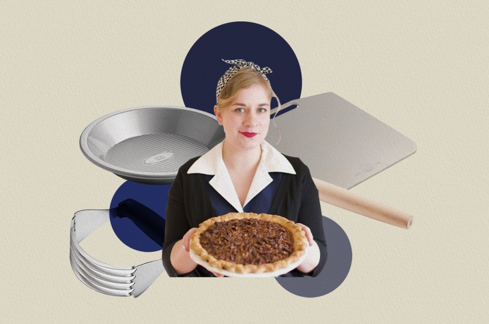 Collage on tan background depicting Erin holding a pie surrounded by various pie tools