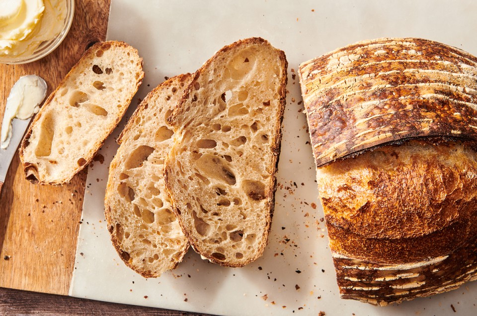Sliced loaf of artisan bread