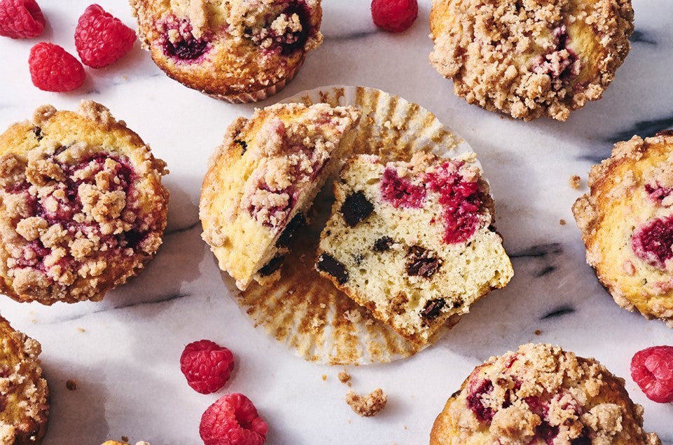 A cut-in-half Raspberry-Chocolate Chip Muffin - select to zoom