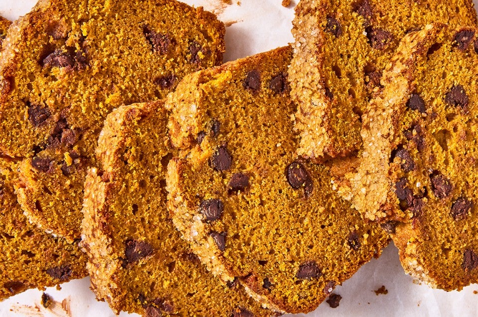 Pumpkin Chocolate Chip Bread cut into slices - select to zoom