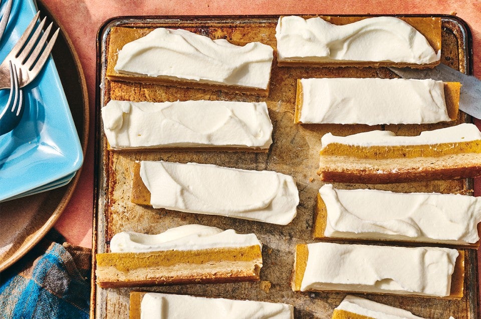 Pumpkin Pie Bars on a sheet pan - select to zoom