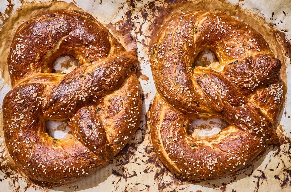 Two Giant Jalapeño Pretzels on a sheet pan - select to zoom