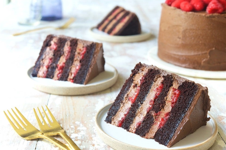 Chocolate Mousse Cake with Raspberries Bakealong via @kingarthurflour