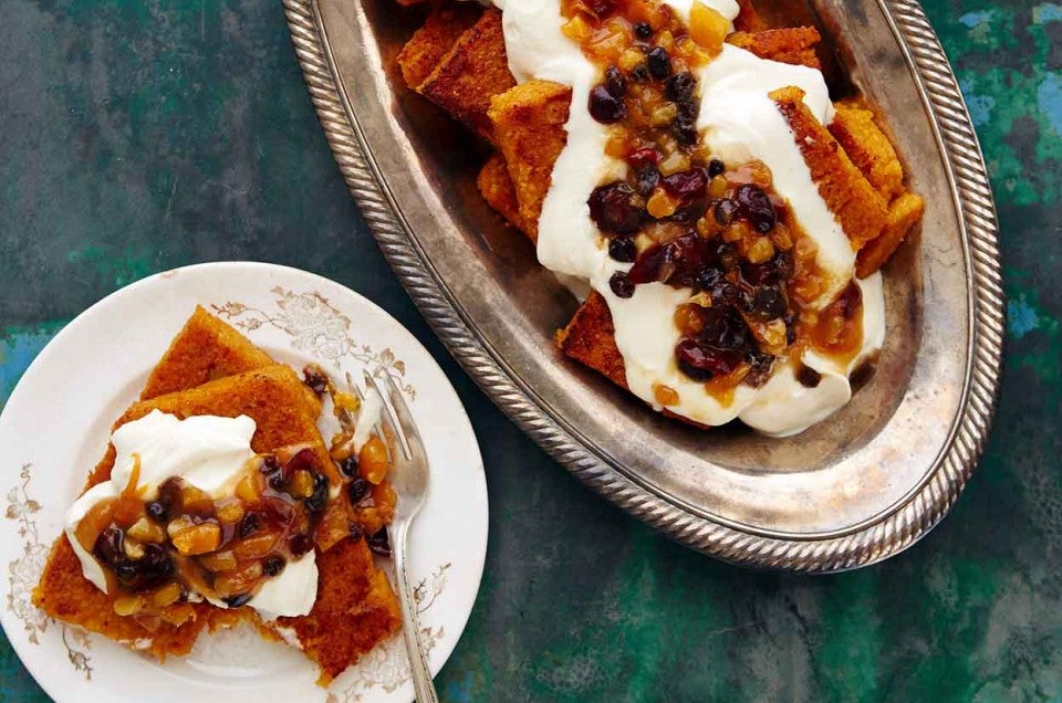 Pumpkin-Ginger Polenta with Stewed Fruit and Mascarpone Cream