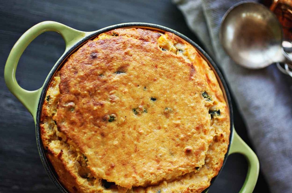 Sweet Potato Spoonbread with Smoked Gouda and Poblano Peppers