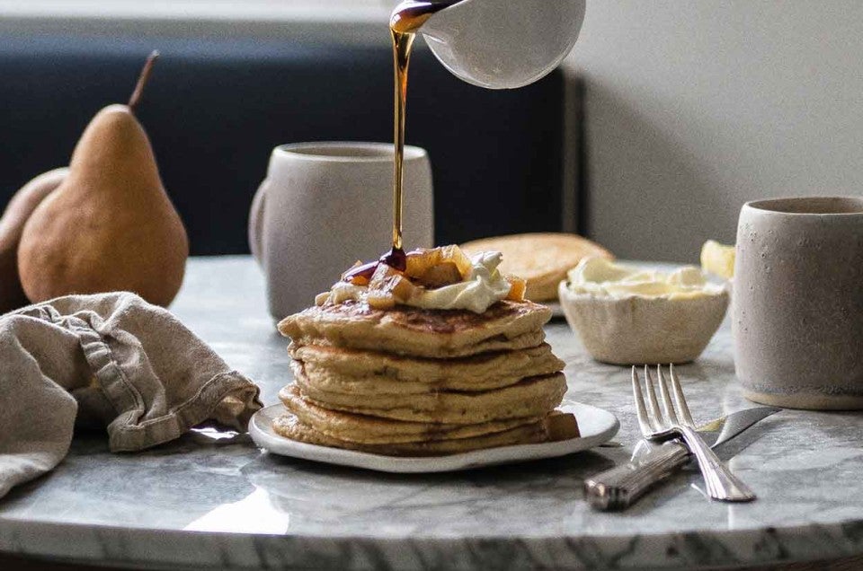 Sprouted Wheat Flour Pancakes with Vanilla Pear Compote