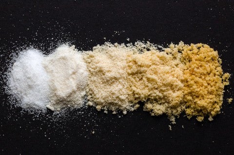 Five kinds of sugar, starting with granulated white sugar and ending with sugar that's been toasted for 4 hours