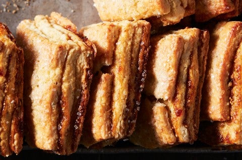 A close up shot of a stack of Layered Fig Scones